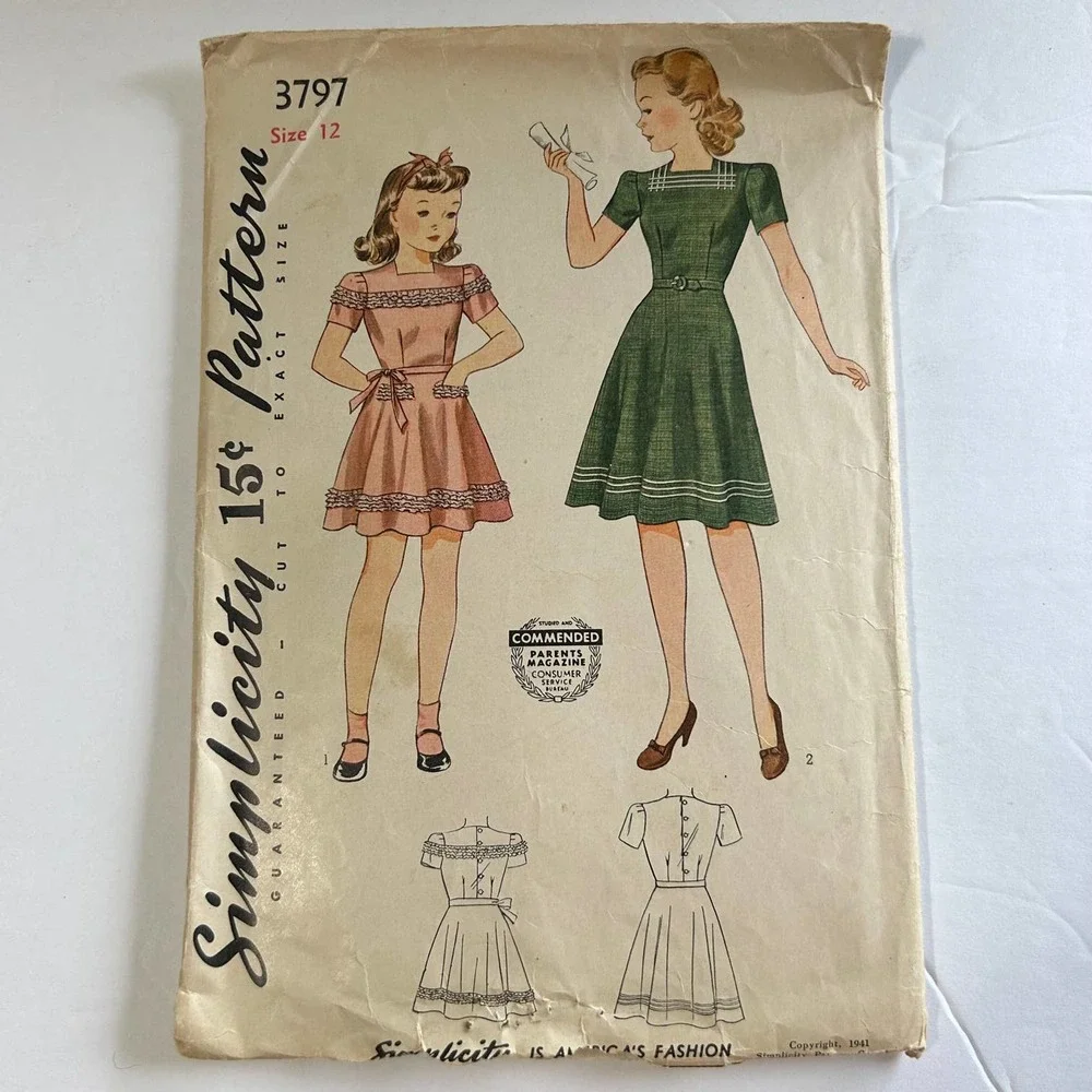 Simplicity Primer Vintage 1940's Pattern #3797 Young Girls‎ Dress Size 12 HTF